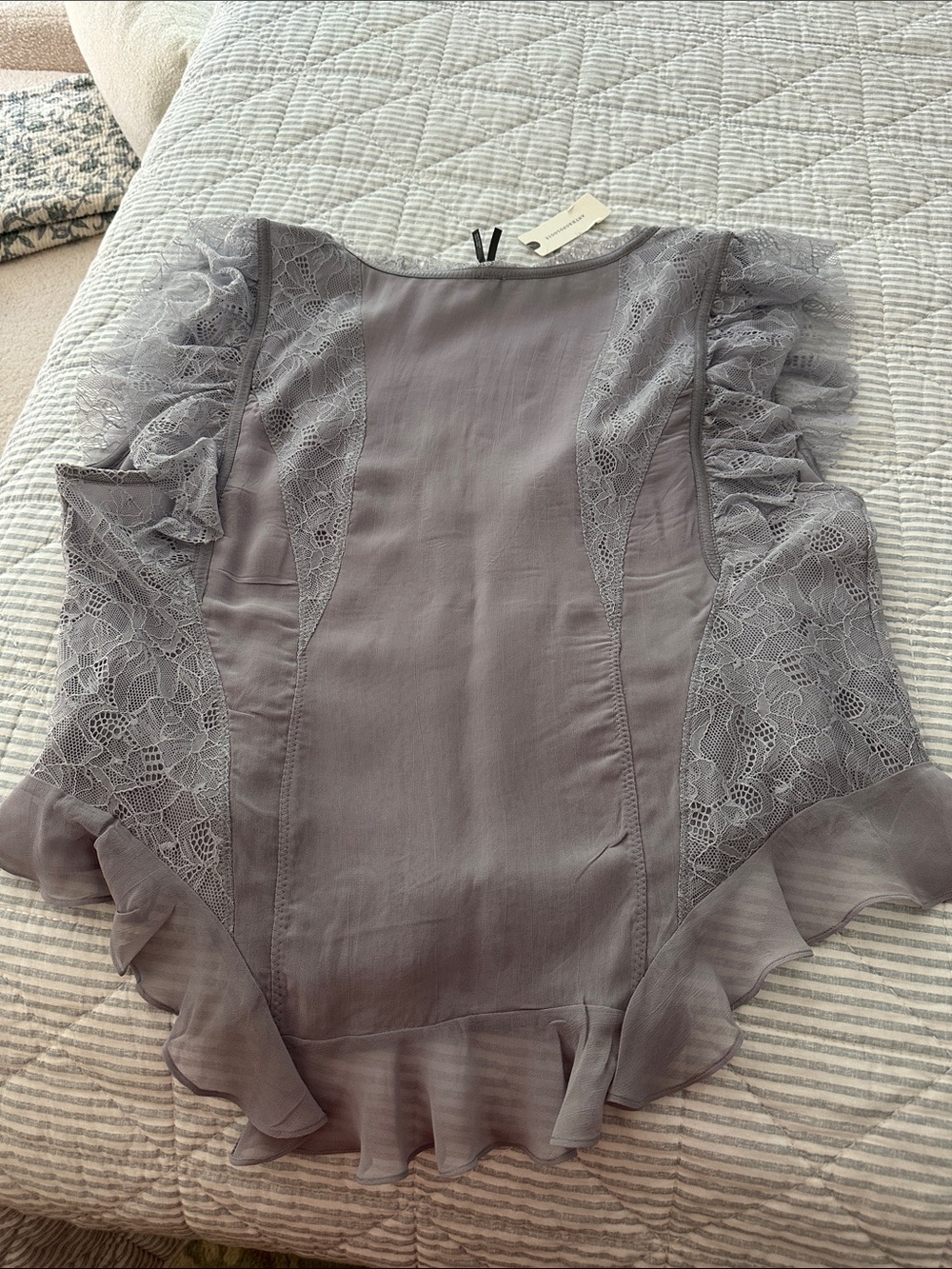 Anthropologie Lace-Panel Ruffle V-Neck Top in Dusty Lavender - Picture 3 of 6